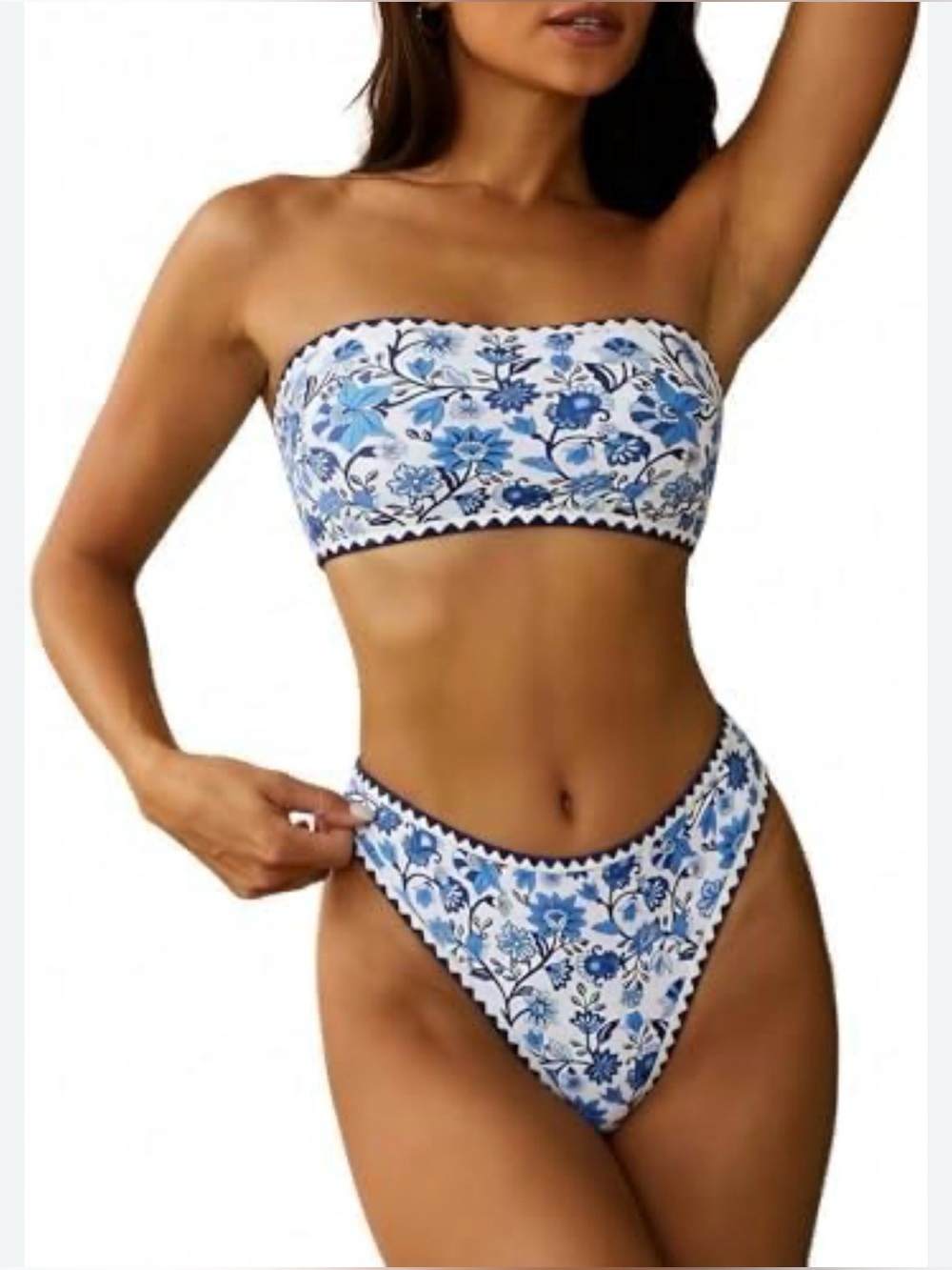 Zaful White & Blue Floral Bandeau Bikini Set - Women Swim